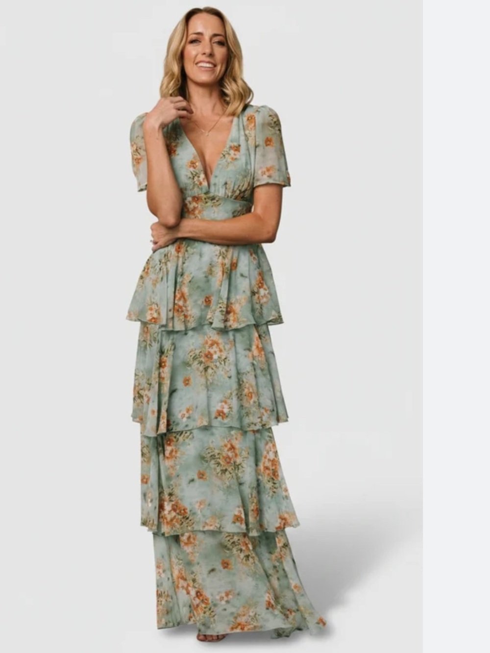 Baltic Born Montaigne Ruffle Maxi Dress Sage Floral Size L Tiered Wedding Guest